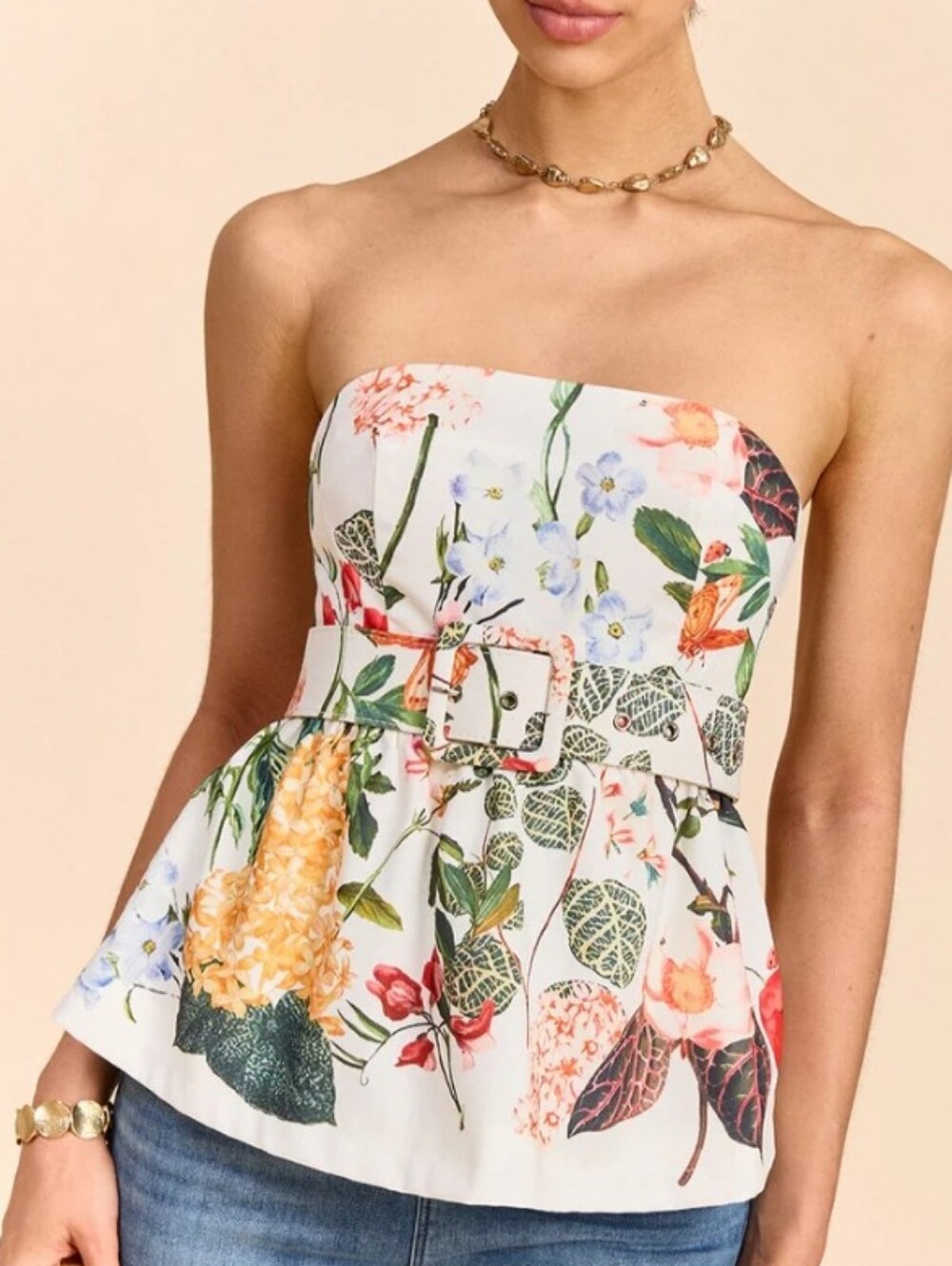 Floral Print Strapless Peplum Top with Belt